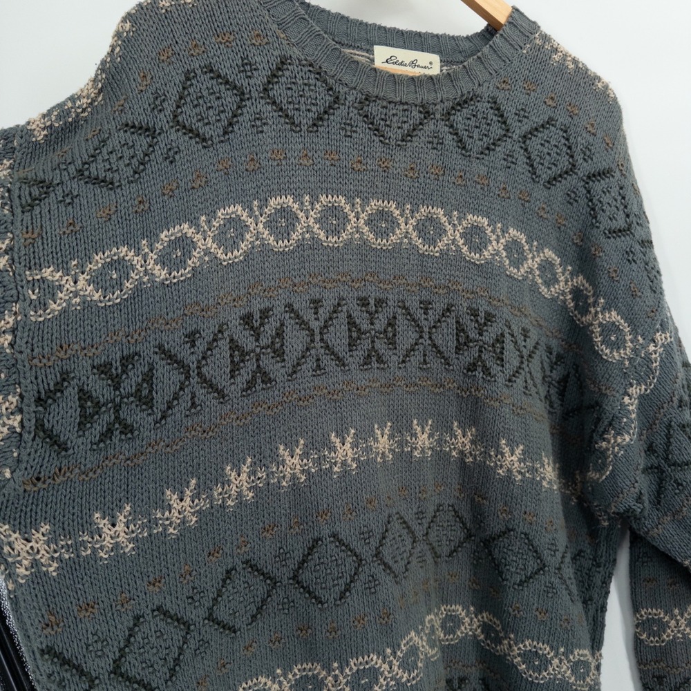 Vintage Eddie Bauer Knit Sweater Mens Large 90s Oversized Fair Isle Grandpa Gray - Picture 3 of 10